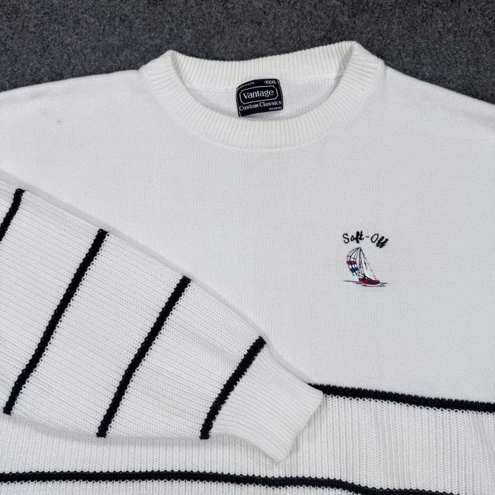 Vantage Custom Classics Mens XXXL White Navy Striped Sailboat Sweater USA Made